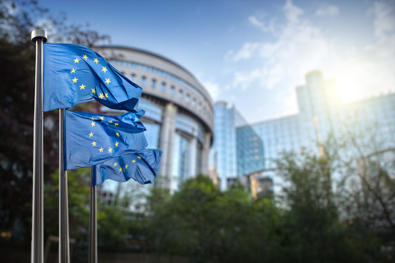 European union flag against parliament in Brussels, Belgium